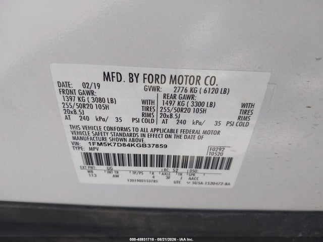 45931718 :رقم المزاد ، 1FM5K7D84KGB37859 vin ، 2019 Ford Explorer Xlt مزاد بيع