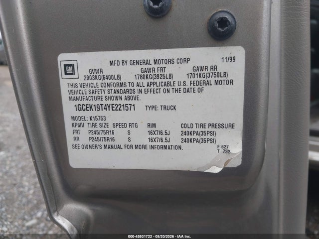Продажа на аукционе авто 2000 Chevrolet Silverado 1500 Ls, vin: 1GCEK19T4YE221571, номер лота: 45931722