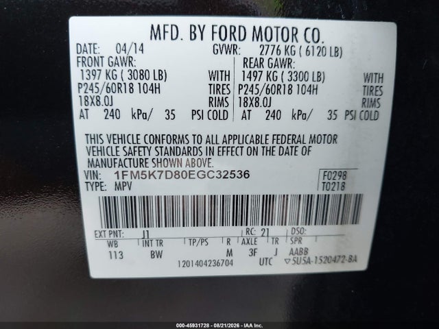 Aukcja sprzedaży 2014 Ford Explorer Xlt, vin: 1FM5K7D80EGC32536, numer aukcji: 45931728