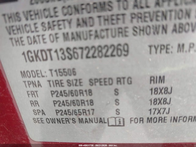 2007 Gmc Envoy მანქანა იყიდება აუქციონზე, vin: 1GKDT13S672282269, აუქციონის ნომერი: 45931738