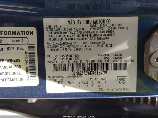 Продажа на аукционе авто 2019 Lincoln Mkz Standard, vin: 3LN6L5A96KR618739, номер лота: 45931741