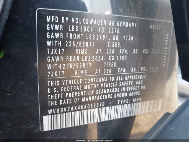 2017 Volkswagen Tiguan 2.0t/2.0t S მანქანა იყიდება აუქციონზე, vin: WVGBV7AX4HK052970, აუქციონის ნომერი: 45931742