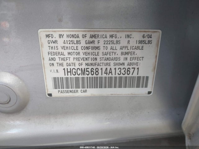 Aukcja sprzedaży 2004 Honda Accord 2.4 Ex, vin: 1HGCM56814A133671, numer aukcji: 45931748