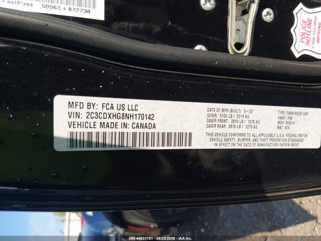 2C3CDXHG8NH170142 Dodge Charger Gt Rwd