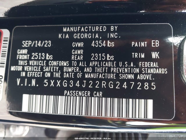 Aukcja sprzedaży 2024 Kia K5 Ex, vin: 5XXG34J22RG247285, numer aukcji: 45931766