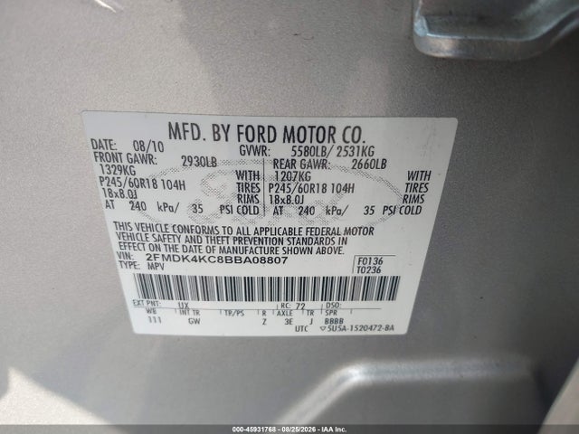 Продаж на аукціоні авто 2011 Ford Edge Limited, vin: 2FMDK4KC8BBA08807, номер лоту: 45931768