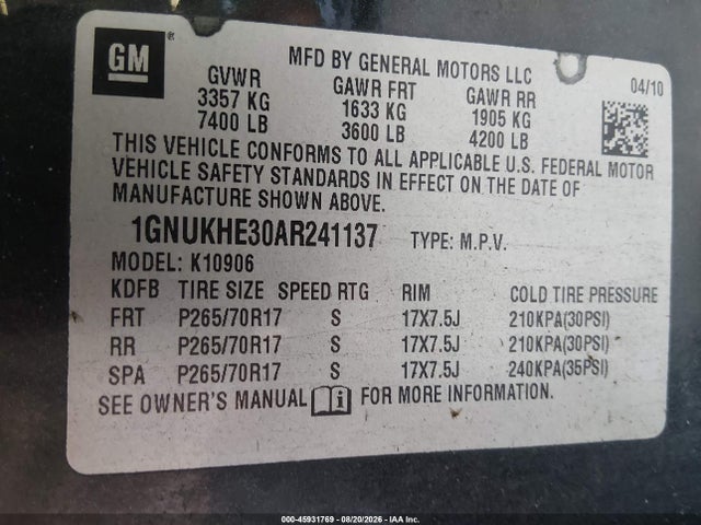 45931769 :رقم المزاد ، 1GNUKHE30AR241137 vin ، 2010 Chevrolet Suburban 1500 Ls مزاد بيع