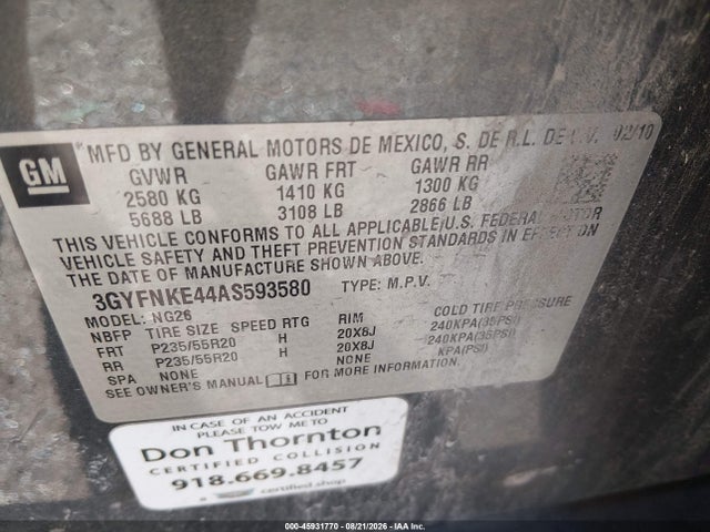 Auction sale of the 2010 Cadillac Srx Turbo Premium, vin: 3GYFNKE44AS593580, lot number: 45931770