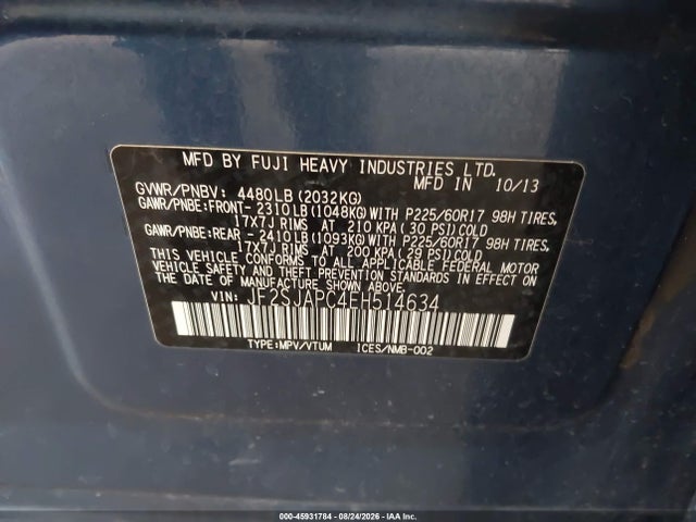 2014 Subaru Forester 2.5i Touring მანქანა იყიდება აუქციონზე, vin: JF2SJAPC4EH514634, აუქციონის ნომერი: 45931784