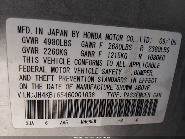 Продаж на аукціоні авто 2006 Acura Rl 3.5, vin: JH4KB16546C001038, номер лоту: 45931804