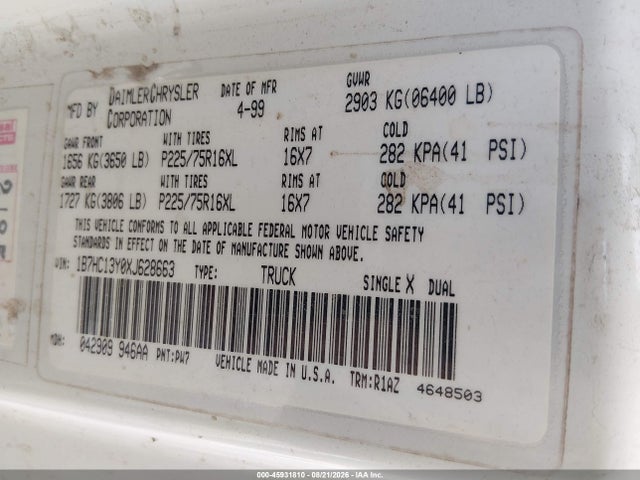 Auction sale of the 1999 Dodge Ram 1500 St, vin: 1B7HC13Y0XJ628663, lot number: 45931810