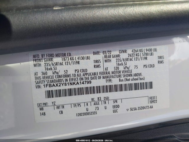 45931812 :رقم المزاد ، 1FBAX2Y81NKA14799 vin ، 2022 Ford Transit-350 Passenger Van Xl مزاد بيع