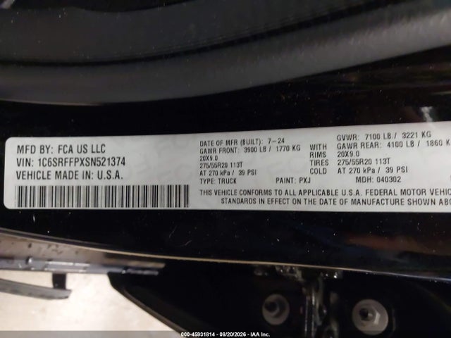 Aukcja sprzedaży 2025 Ram 1500 Big Horn  4x4 5'7 Box, vin: 1C6SRFFPXSN521374, numer aukcji: 45931814