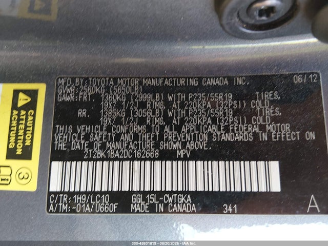 45931819 :رقم المزاد ، 2T2BK1BA2DC162668 vin ، 2013 Lexus Rx 350 مزاد بيع