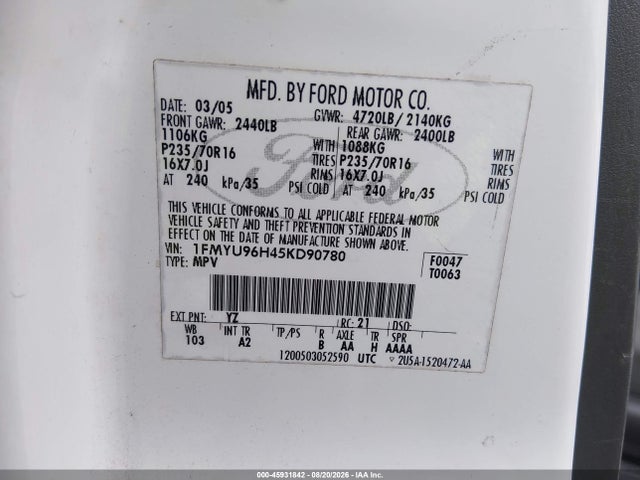 45931842 :رقم المزاد ، 1FMYU96H45KD90780 vin ، 2005 Ford Escape Hybrid مزاد بيع