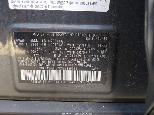 Aukcja sprzedaży 2011 Subaru Outback 2.5i Limited, vin: 4S4BRBKC3B3356585, numer aukcji: 45931844