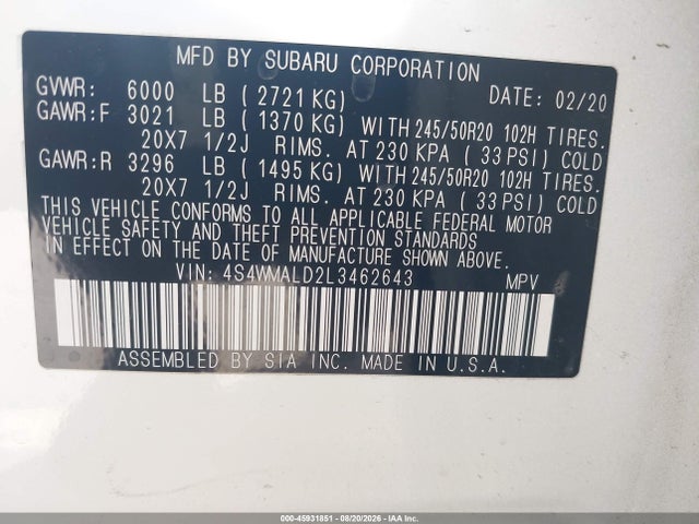 Subaru Ascent Limited 2020 4S4WMALD2L3462643 Image 9