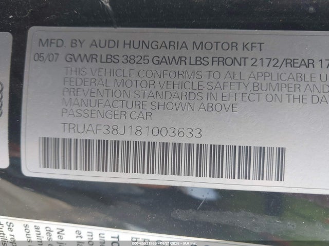 Aukcja sprzedaży 2008 Audi Tt 2.0t, vin: TRUAF38J181003633, numer aukcji: 45931869
