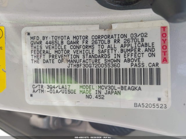 45931875 :رقم المزاد ، JTHBF30G720055360 vin ، 2002 Lexus Es 300 مزاد بيع