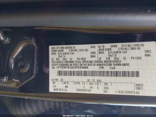 2018 Ford F-150 Xlt მანქანა იყიდება აუქციონზე, vin: 1FTEW1EG6JFE53490, აუქციონის ნომერი: 45931877
