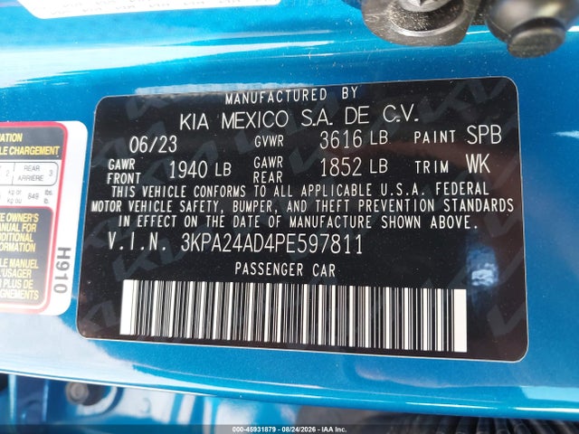 2023 Kia Rio S მანქანა იყიდება აუქციონზე, vin: 3KPA24AD4PE597811, აუქციონის ნომერი: 45931879