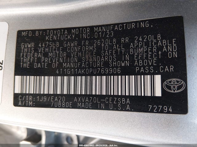 Продаж на аукціоні авто 2023 Toyota Camry Se, vin: 4T1G11AK0PU769906, номер лоту: 45931902