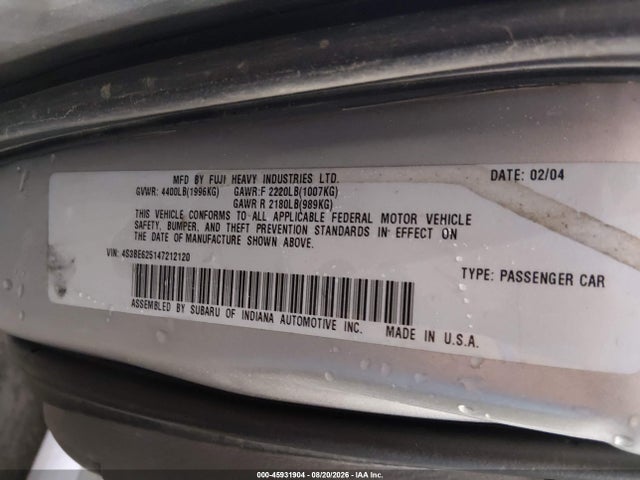 Aukcja sprzedaży 2004 Subaru Legacy L/l W/35th Anniversary Edition, vin: 4S3BE625147212120, numer aukcji: 45931904