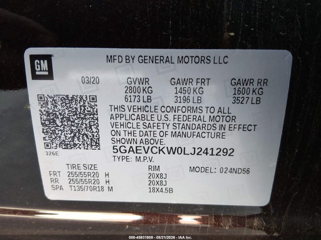 Продаж на аукціоні авто 2020 Buick Enclave Awd Avenir, vin: 5GAEVCKW0LJ241292, номер лоту: 45931909