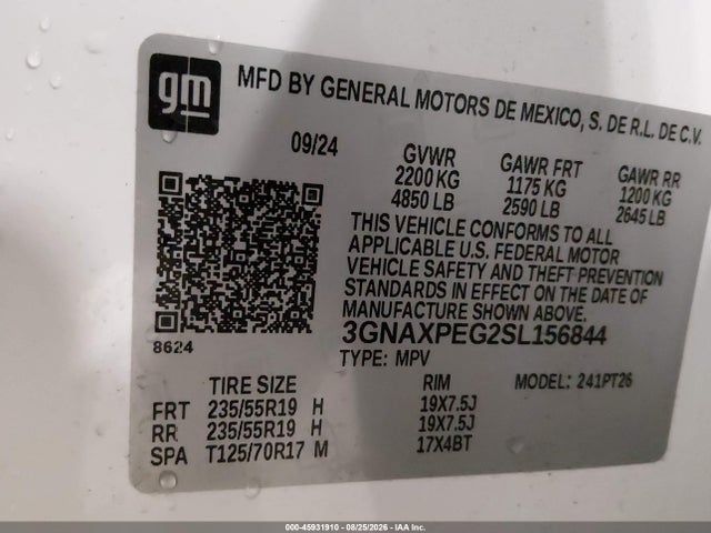 2025 Chevrolet Equinox Awd Lt მანქანა იყიდება აუქციონზე, vin: 3GNAXPEG2SL156844, აუქციონის ნომერი: 45931910