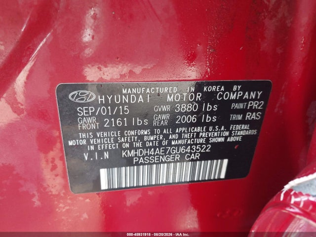 2016 Hyundai Elantra Se მანქანა იყიდება აუქციონზე, vin: KMHDH4AE7GU643522, აუქციონის ნომერი: 45931918