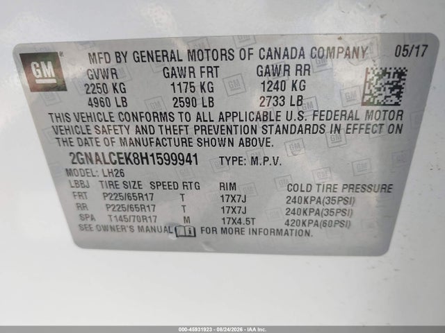Продаж на аукціоні авто 2017 Chevrolet Equinox Lt, vin: 2GNALCEK8H1599941, номер лоту: 45931923