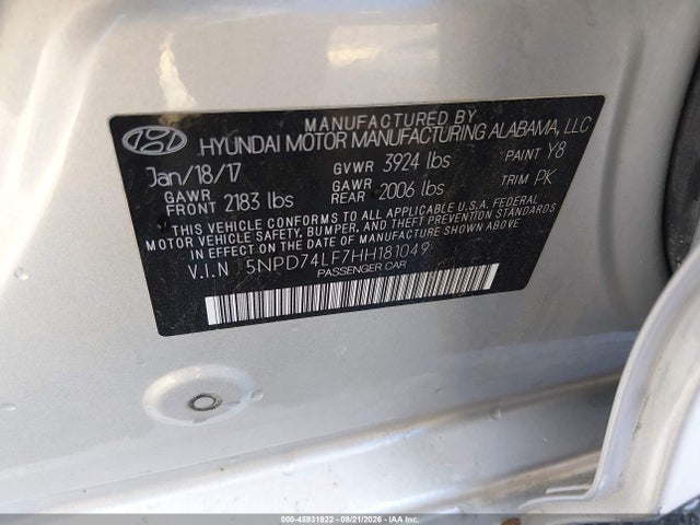 Aukcja sprzedaży 2017 Hyundai Elantra Se, vin: 5NPD74LF7HH181049, numer aukcji: 45931922