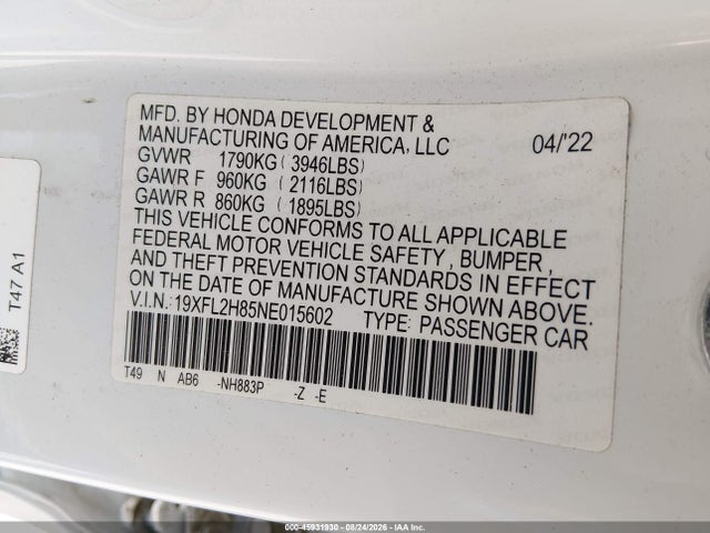 Продажа на аукционе авто 2022 Honda Civic Sport, vin: 19XFL2H85NE015602, номер лота: 45931930