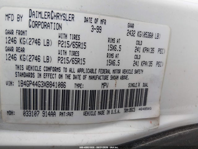 45931935 :رقم المزاد ، 1B4GP44G3XB841086 vin ، 1999 Dodge Grand Caravan Se مزاد بيع