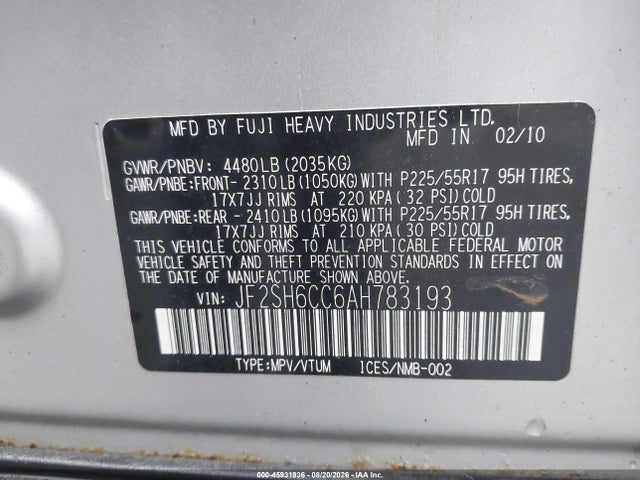 Aukcja sprzedaży 2010 Subaru Forester 2.5x Premium, vin: JF2SH6CC6AH783193, numer aukcji: 45931936