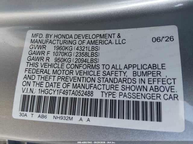 1HGCY1F49TA052488 Honda ACCORD SE
