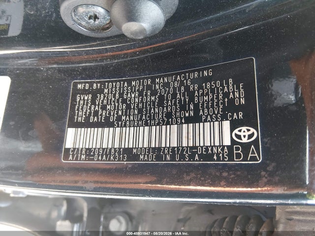 45931947 :رقم المزاد ، 5YFBURHE1HP571094 vin ، 2017 Toyota Corolla Le مزاد بيع