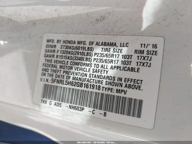 5FNRL5H62GB161918 Honda Odyssey Ex-l