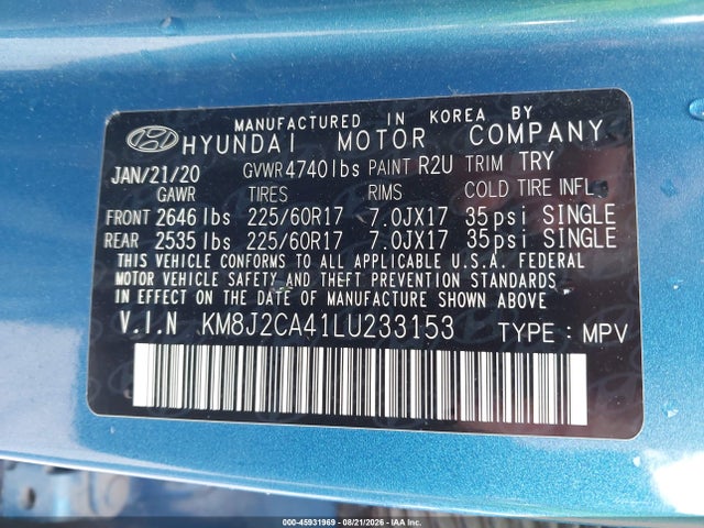 Aukcja sprzedaży 2020 Hyundai Tucson Se, vin: KM8J2CA41LU233153, numer aukcji: 45931969