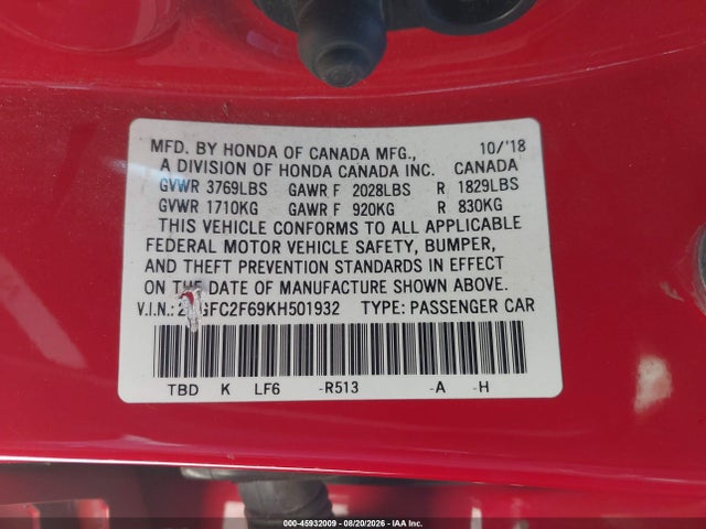 Honda Civic Lx 2019 2HGFC2F69KH501932 Image 9