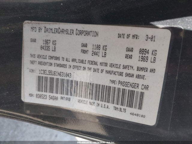 45932016 :رقم المزاد ، 1C3EL55U61N631043 vin ، 2001 Chrysler Sebring Lxi مزاد بيع