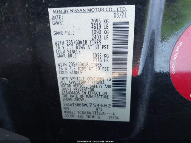 Aukcja sprzedaży 2021 Nissan Rogue Sv Intelligent Awd, vin: 5N1AT3BB6MC754662, numer aukcji: 45932018
