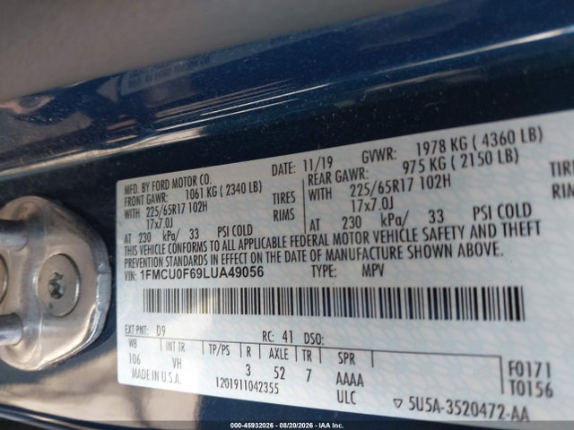 Продажа на аукционе авто 2020 Ford Escape S, vin: 1FMCU0F69LUA49056, номер лота: 45932026