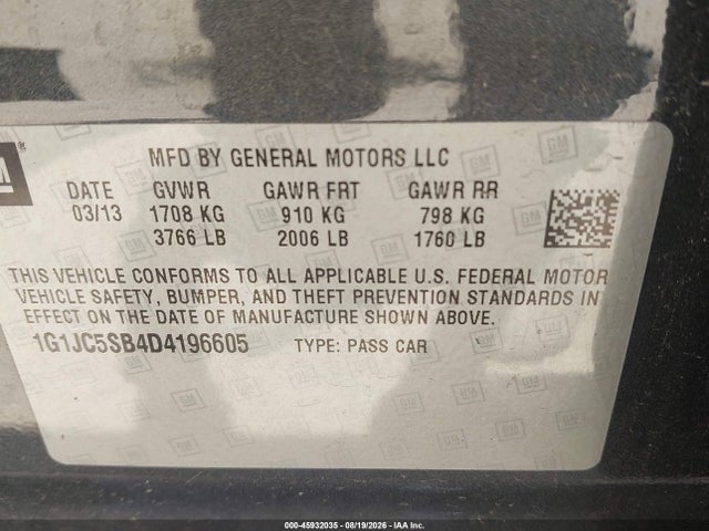 45932035 :رقم المزاد ، 1G1JC5SB4D4196605 vin ، 2013 Chevrolet Sonic Lt Auto مزاد بيع