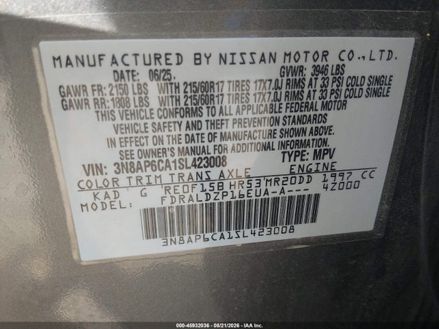 Aukcja sprzedaży 2025 Nissan Kicks Sv Fwd, vin: 3N8AP6CA1SL423008, numer aukcji: 45932036