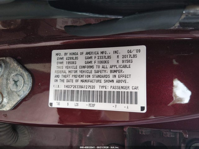 2009 Honda Accord 2.4 Lx მანქანა იყიდება აუქციონზე, vin: 1HGCP26339A127520, აუქციონის ნომერი: 45932041