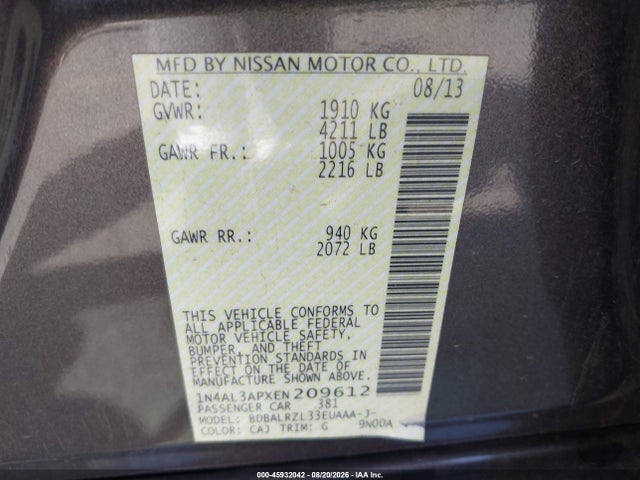 Продаж на аукціоні авто 2014 Nissan Altima 2.5 S, vin: 1N4AL3APXEN209612, номер лоту: 45932042