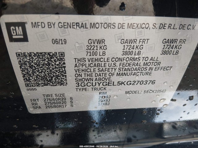 Aukcja sprzedaży 2019 Chevrolet Silverado 1500 Ltz, vin: 3GCUYGEL5KG270376, numer aukcji: 45932046