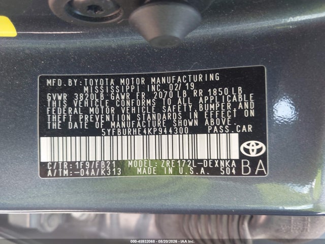 2019 Toyota Corolla Le მანქანა იყიდება აუქციონზე, vin: 5YFBURHE4KP944300, აუქციონის ნომერი: 45932068