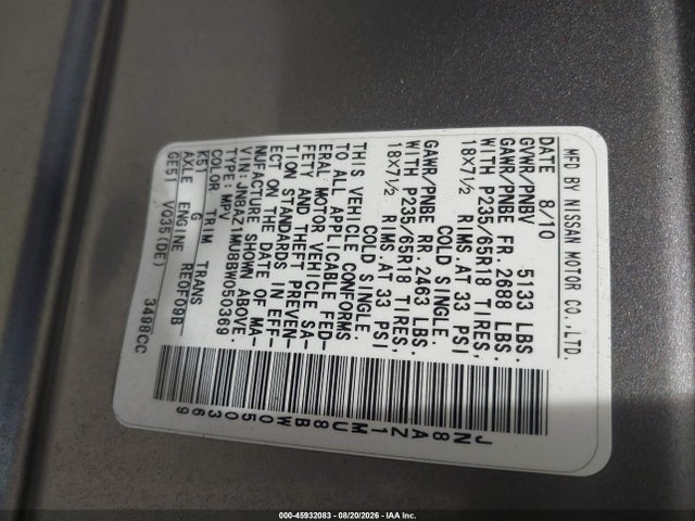 Продажа на аукционе авто 2011 Nissan Murano S, vin: JN8AZ1MU8BW050369, номер лота: 45932083